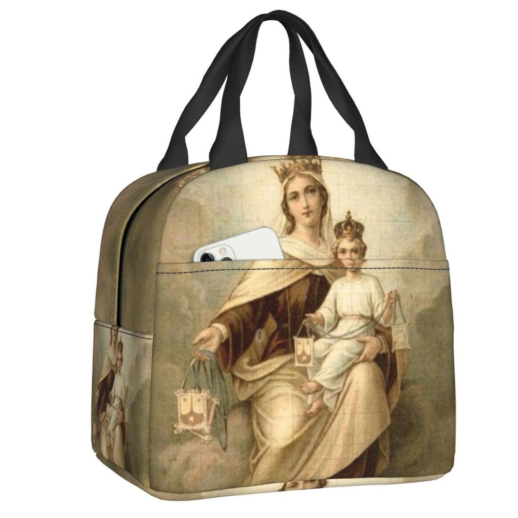 Custom Our Lady Of Perpetual Help Thermal Insulated Lunch Bags Women Catholic Virgin Mary Resuable Lunch Tote Storage Food Box