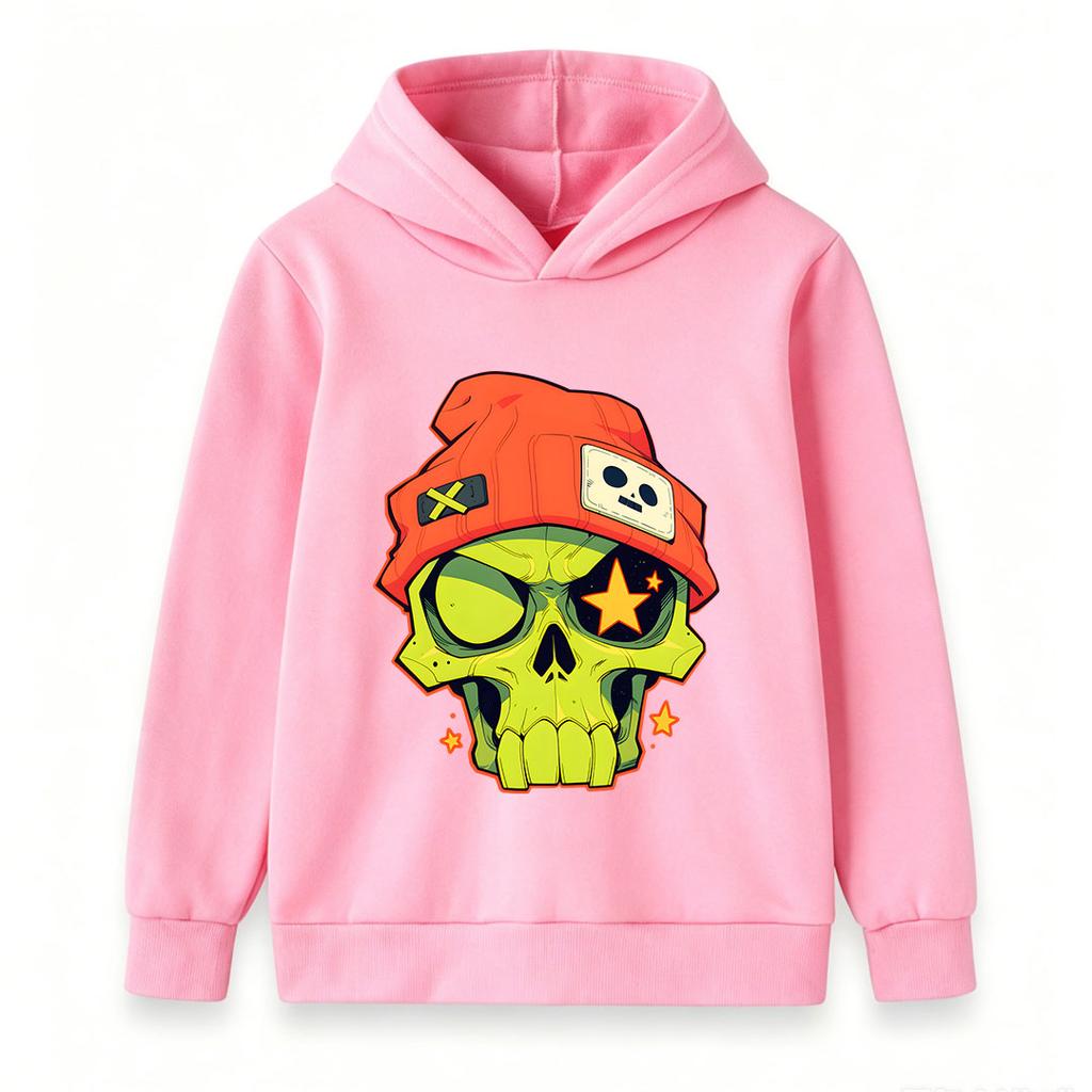 Kids Boys Girls Cozy Pullover Hoodie, Cool Cartoon Green Skull With Orange Beanie Star Graphic Casual Long Sleeve Hooded Sweatshirt For Streetwear