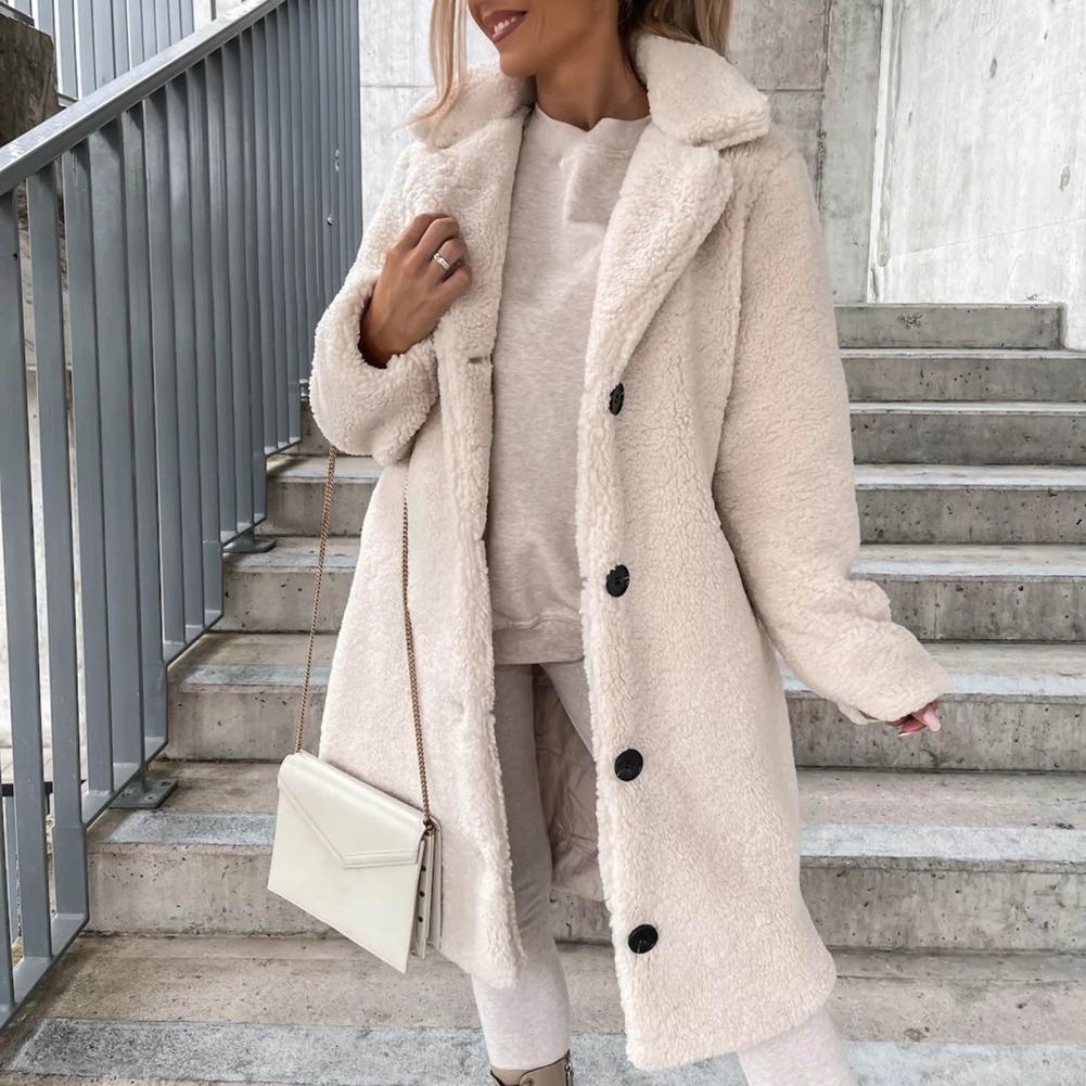 Women Overcoat Autumn Winter Women Trench Coat Long Style Pure Color Single-breasted Teddy Jacket Windproof