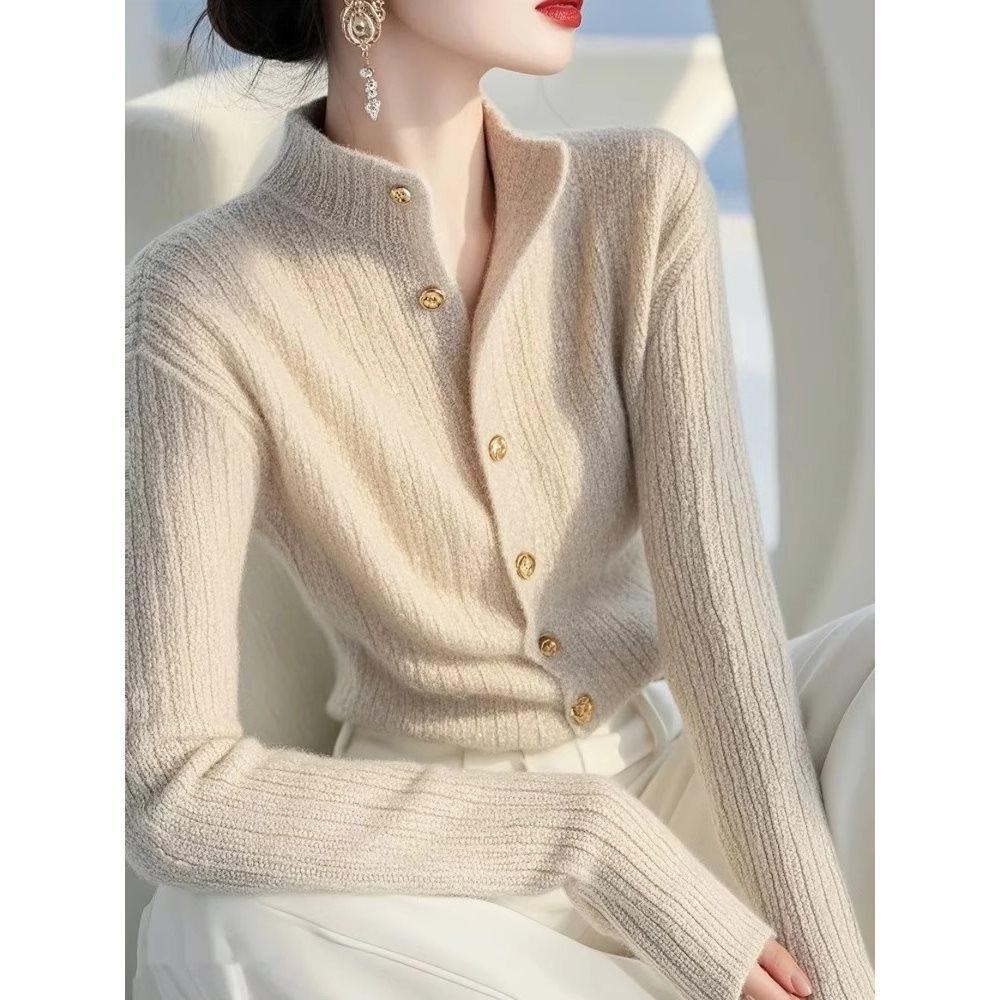 Women's Slim-Fit Knitted Cardigan Coat - Half-High Neck, Perfect for Spring & Autumn