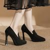 Frühling Herbst Damen Blockabsatz Pumps Spitze Dicke Sohle Einfarbige Leder Einzelne Schuhe Sexy 10cm Hohe Absätze Damenschuhe