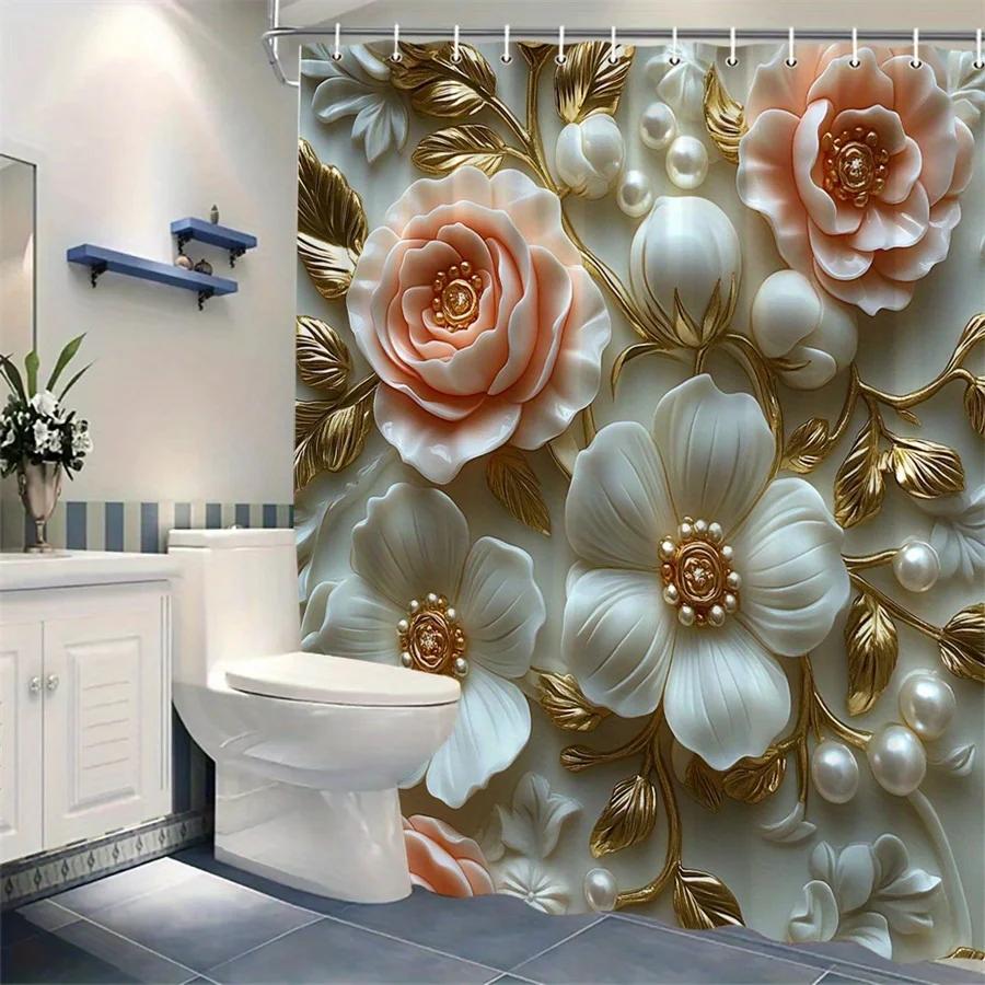 Baroque Roses Shower Curtain - Peach & Ivory, 3D Floral Art, White Background, Machine Washable, 12 Hooks, Elegant Bath Decor