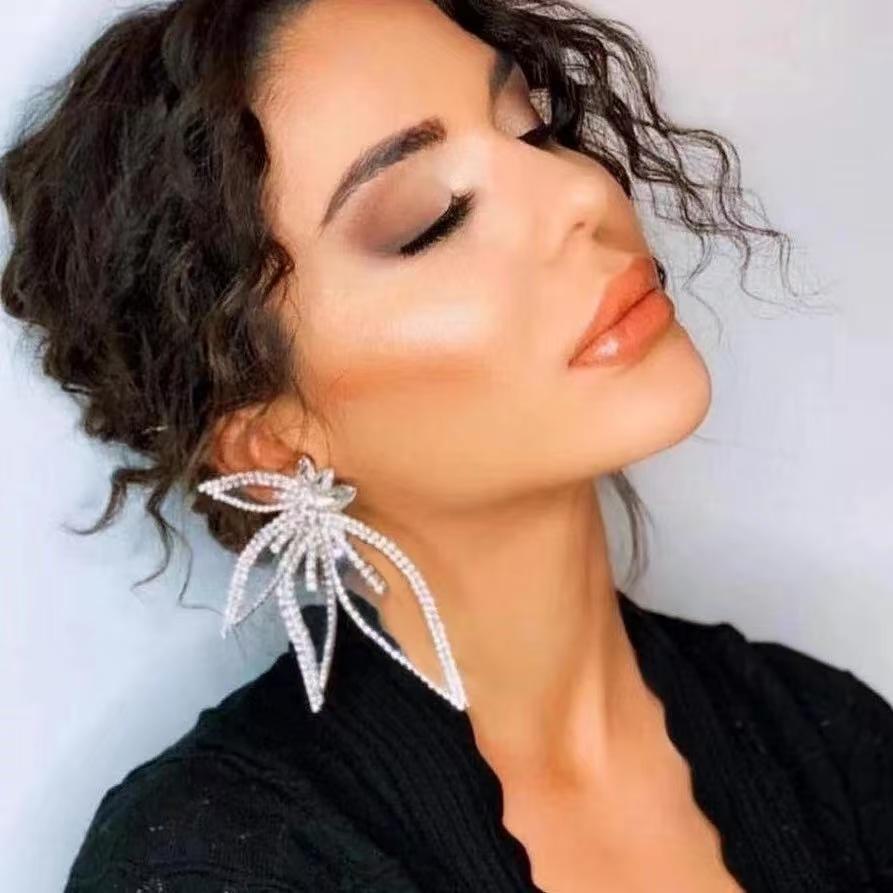Hot selling fashion earrings in Europe and America, women s exaggerated sparkling diamond leaf shaped flower earrings, personali
