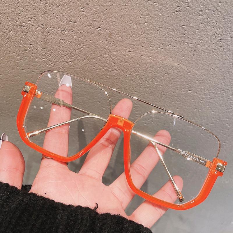 Retro Oversized Square Semi-Metal Transparent Glasses Frame For Women Anti-Blu-Ray Double Bridges Glasses Woman Optical