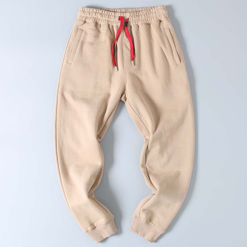 Export Factory Leftover Stock Terry Cotton Brushed Thickened Tapered Athleisure Pure Color Elastic Waist Ankle-Tied Sweatpants Men's Fashion