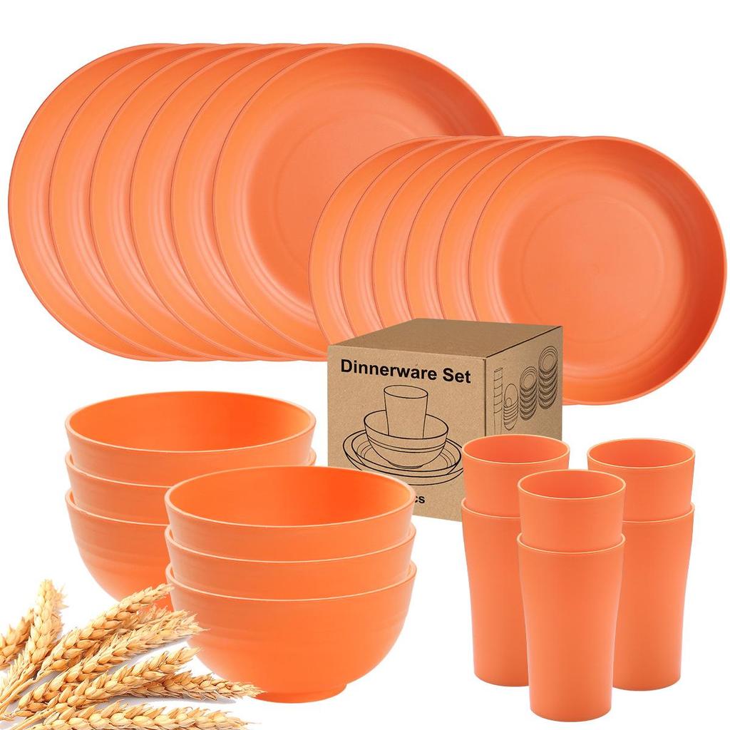 Eco-Friendly Wheat Straw 24-Piece Dinnerware Set: Plates, Bowls, Cups & Cutlery