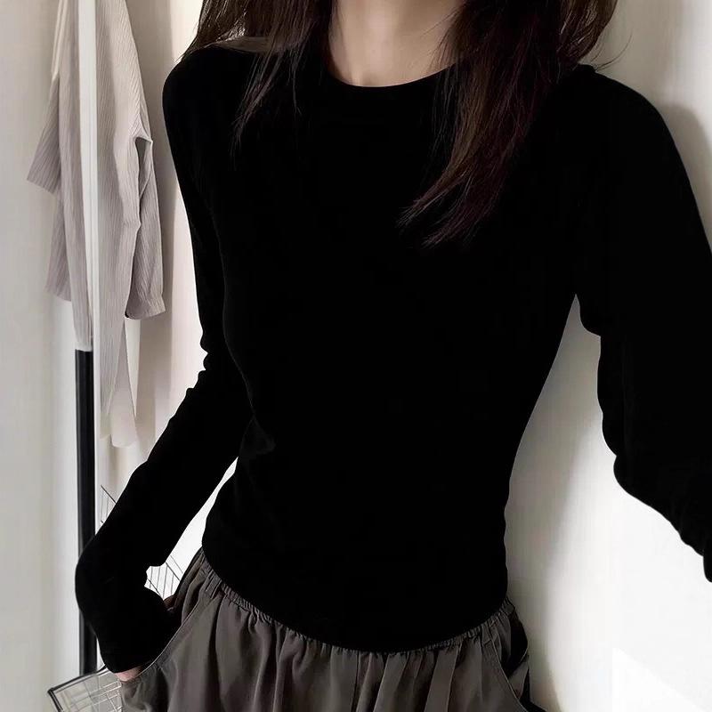 Women's Slim Fit Long Sleeve Plain Cotton T-Shirt - Round Neck, Versatile, Ideal for Spring and Autumn