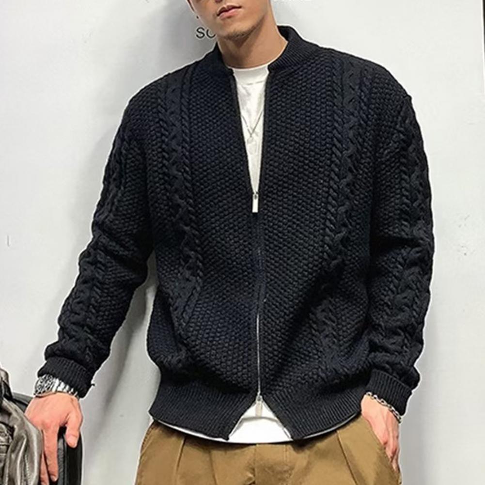 Fall Winter Men Sweater Cardigan Round Neck Knit Thick Elastic Long Sleeves Relaxed Fit Warm One Tone Zip-up Knitwear Daily Wear Sw