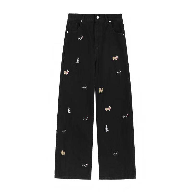 LEMANISM Cartoon Dog Embroidered Washed Straight-Leg Jeans