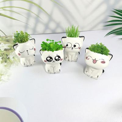 1pc Ceramic Flowerpot Mini Cartoon Cat Cute Plant Desktop Ornament Potted Plant Pot DIY Decorate Science Education School Gifts