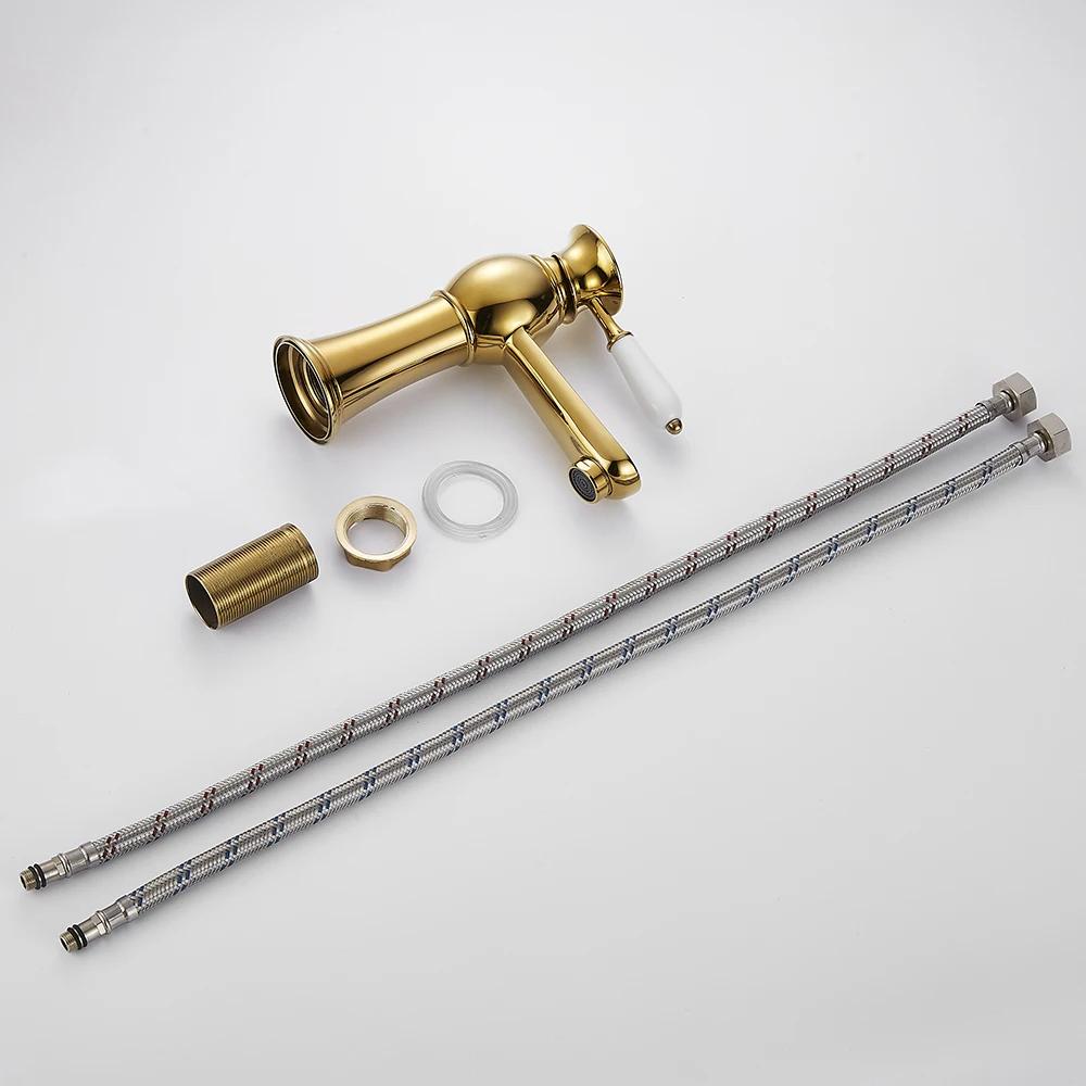 Basin Mixer Tap Gold Bathroom Sink Facuet Single Handle Hot and Cold Water Hoses Modern Bathroom Washroom Cloakroom Faucet