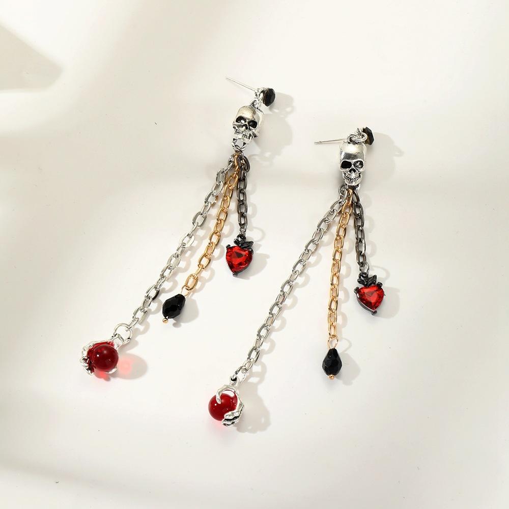

Cross-border new Halloween jewelry earrings, punk style, dark skull, hand claws, ruby tassels, pendant earrings