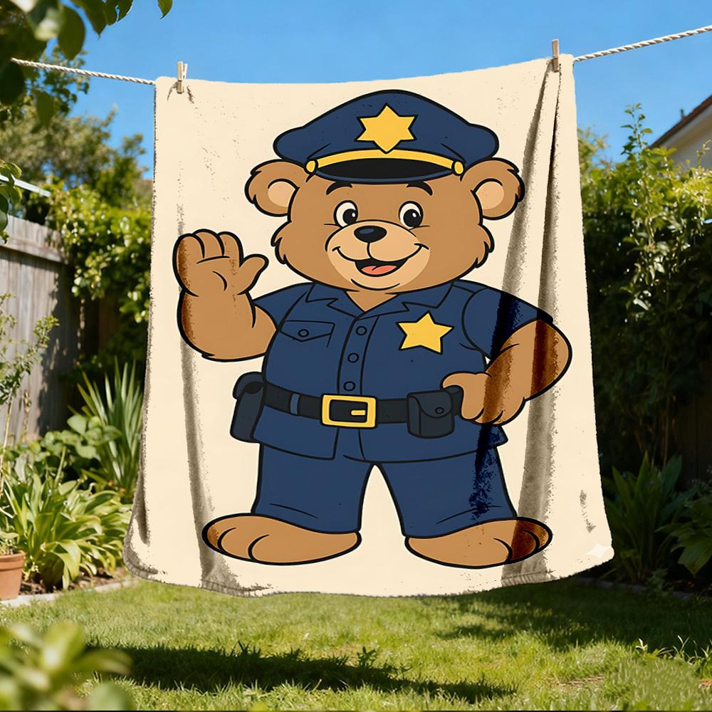 

1pc Police Bear Print Outdoor Soft Polyester Flannel Throw Blanket Versatile for All Seasons , Soft , Cozy , Warm All Season Quilted Throw , 80x120cm