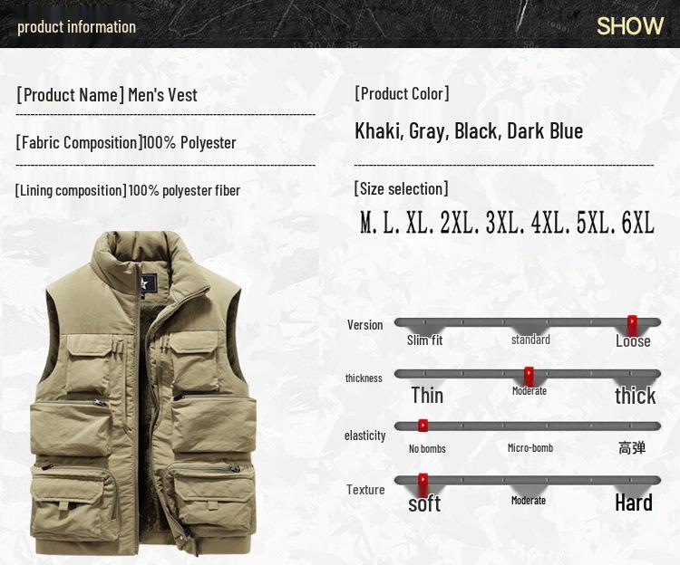 Men's Fleece-Lined Multi-Pocket Vest: Outdoor Down Cotton Photography Gilet, Plus Size, Trendy Dad Style
