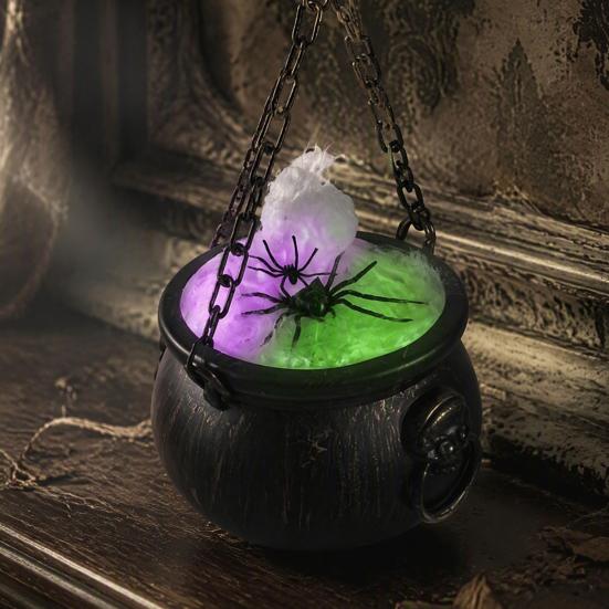 Portable Magic Pot Halloween Cauldron Decoration, Spooky Large Witch with Colorful LED Light, Black Plastic Candy Bowl for Trick or Treat, Party Decor