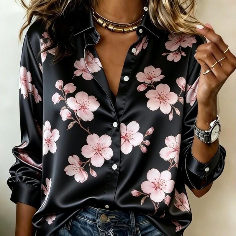 Women Satin Solid Base Cherry Blossom Print Shirt Long Sleeve Lapel Button‑Down Blouse Elegant Sweet Office Casual Ladies Multi‑Color Top