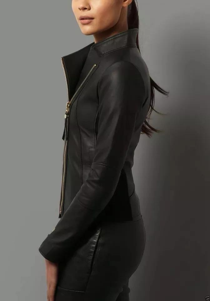 Pravá měkká jehněčí kůže Motorkářský styl Decentní černá dámská bunda Biker Stylová