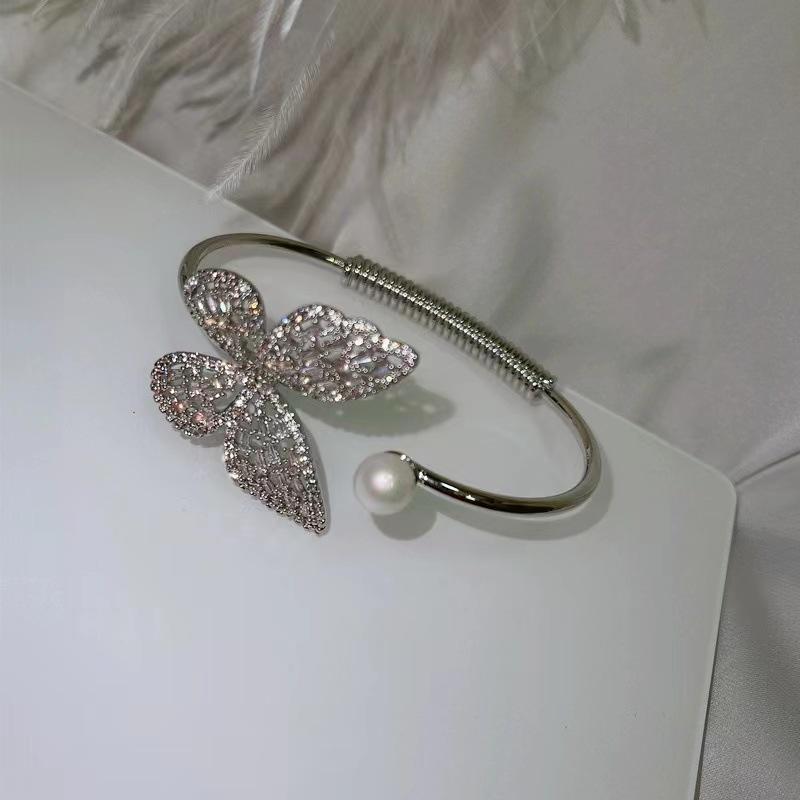 Linda's Butterfly Cut-Out Zircon & Pearl Adjustable Bangle for Women