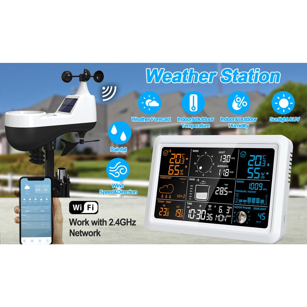 WiFi Smart Weather Station with Outdoor Sensor 7.5 Inch Color Display Weather Station with Weather Forecast Temperature