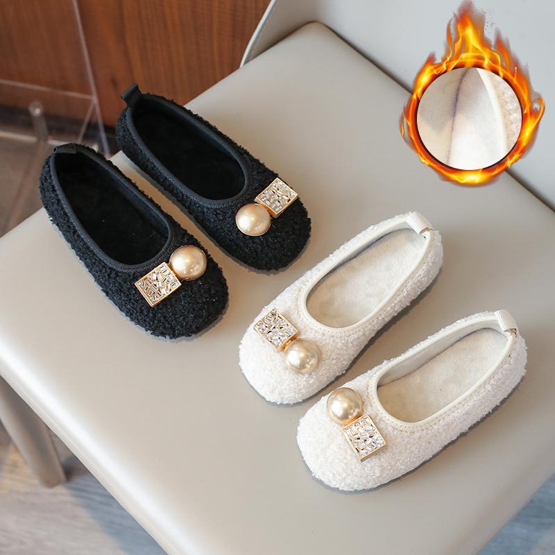 Autumn Winter Solid Girls Flats Shoes Rhinestones Short Plush Warm Kids Ballet Flats Princess Toddler Children Fashion Shoes