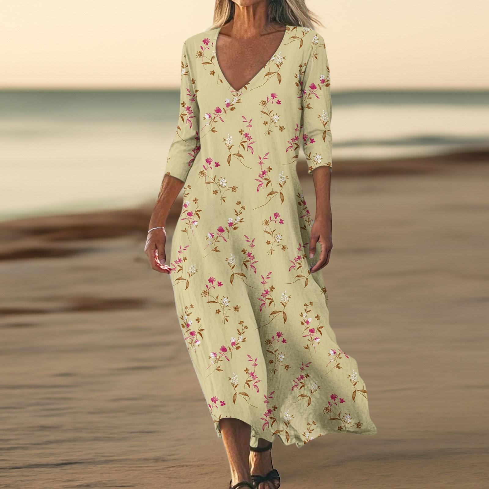 

Сукні Для Жінок Вінтажний Принт Туніка З Талією Міді Сукня Літня Повсякденна Сукня З Рукавом 3/4 L жовтий