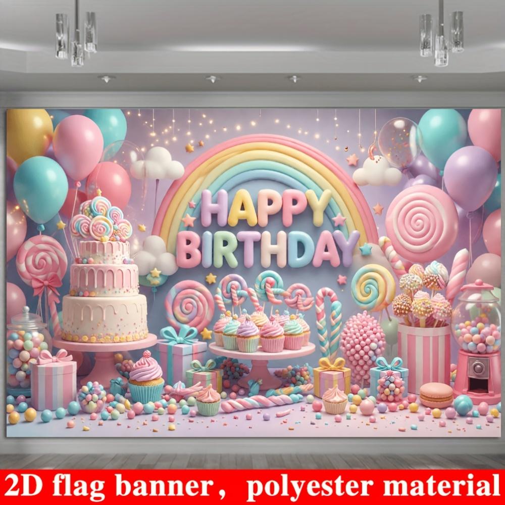 Candy Birthday Backdrop Banner, Macaron Rainbow Cake Cupcakes Lollipops Balloons, Polyester Wall Decor for Girls Party