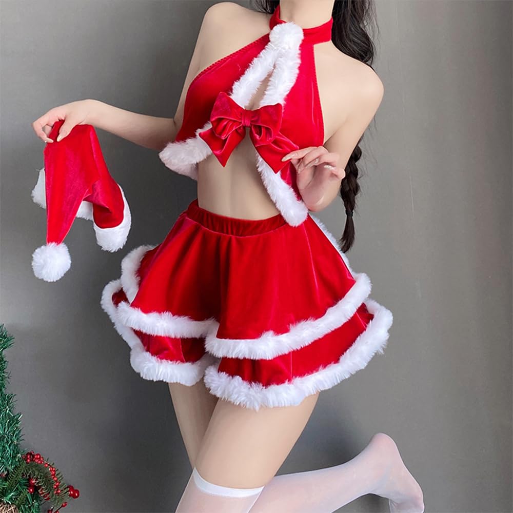 Christmas Costume Santa Sexy Erotic Lingerie Babydoll for Women Chest Opening Bow Tie Erotic Extreme Disguise Sleeveless Costume Outfit Cute Moe