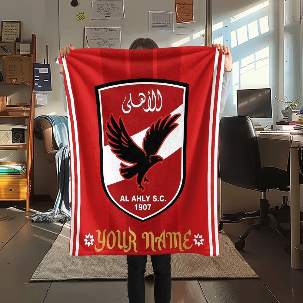 Custom Name Al Ahly SC Flannel Blanket, High quality Comfortable for All Seasons, Home Decor, Warmth and Comfort