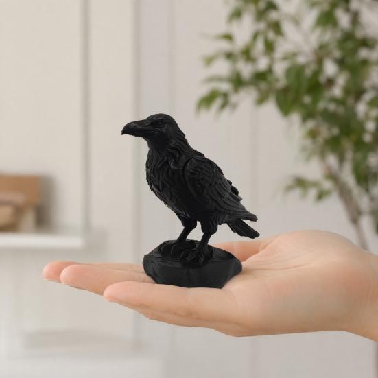 Nostalgie 3D Printed Crow Statue, Gothic Dark Academia Bird Sculpture, Matte Black Raven Figurine, Stable Rock Base for Desk Display Cabinet,