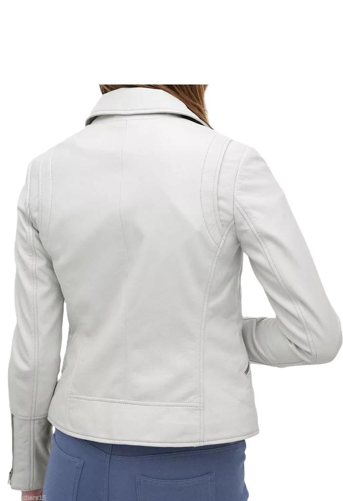Stylish Lambskin Leather White Women's Handmade Fit Genuine Jacket Motorcycle