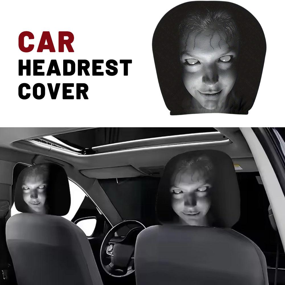 2Pcs Halloween Horror Face Printed Car Headrest Covers Soft Polyester Washable Universal Elastic Dustproof Protective Cushion