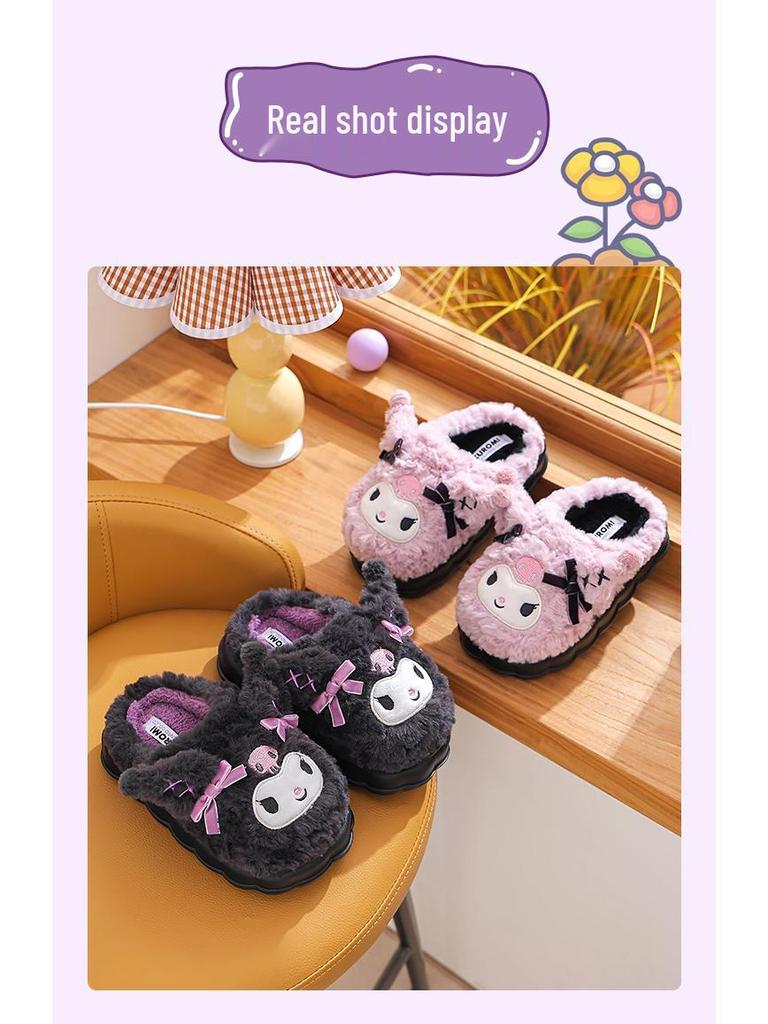 Sanrio Kuromi Plush Slippers for Girls: Cute, Cozy Cotton for Autumn/Winter, Indoor Parent-Child Matching