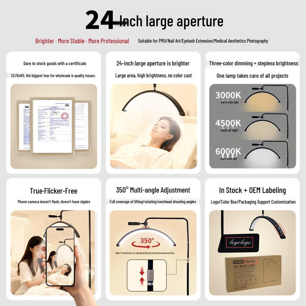 24" U-Shaped LED Beauty Lamp with Floor Stand for Nail, Tattoo, and Eyebrow Art.