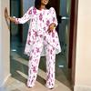 Women Plus Size Two Piece Printed Outfit Irregular Hem Round Neck Three Quarter Sleeve Top Wide Leg Trousers