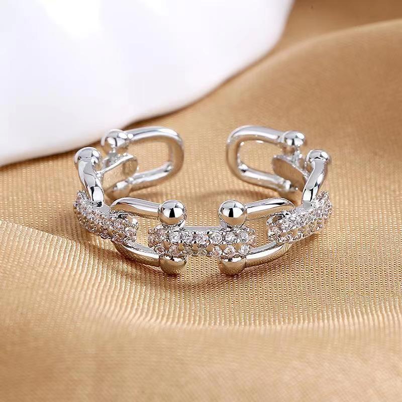 

Exquisite S925 silver personalized U-shaped horseshoe buckle ring women s retro fashion creative micro-inlaid open ring index finger ring jewelry gift adjustable opening