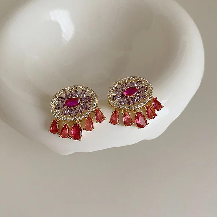 Women Colorful CZ Round Hollow Tassel Drop Earrings Fashion Statement Jewelry