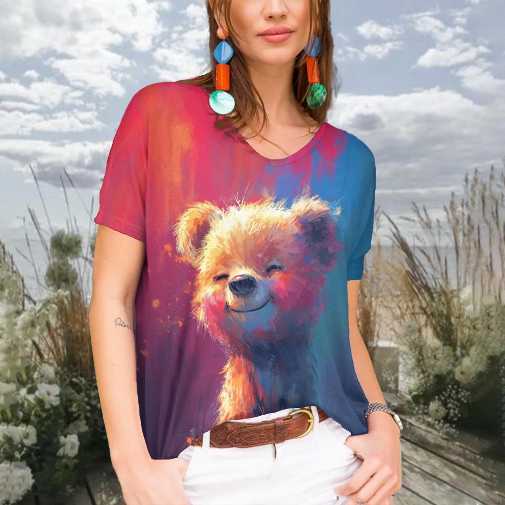 Trička s krátkým rukávem s výstřihem do V pro ženy Ležérní oblečení Harajuku Dámské Kreslené topy pro kočky Basic Oversized Trička Letní tričko