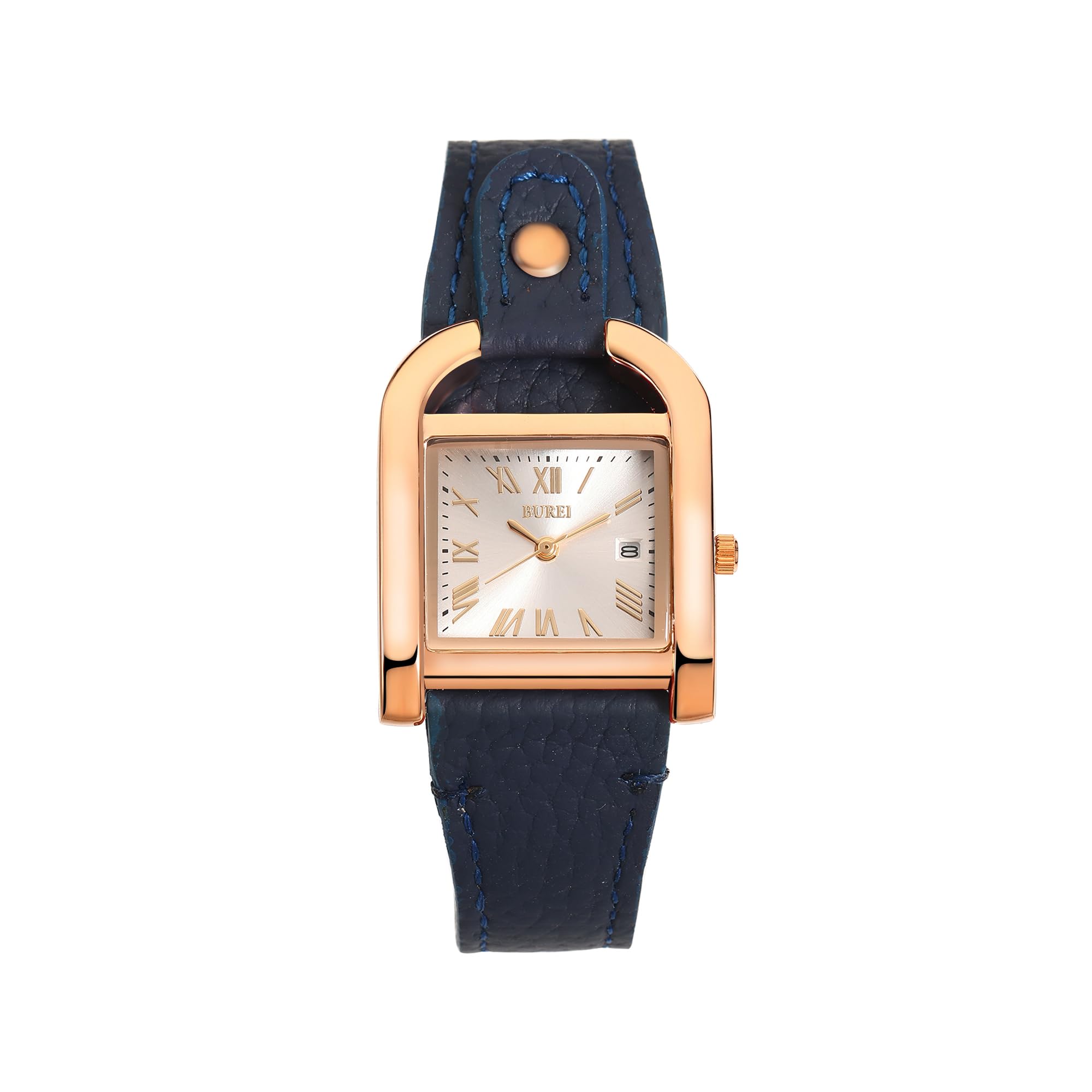 

BUREI and Rose Gold Square Roman Blue Leather Perfect Gift Women s Watch, Stylish, Simple, Cute, Quartz, Waterproof, Analog, Dial, Numerals, Strap,