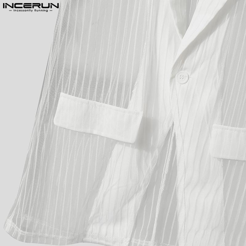 INCERUN Men Lapel Sleeveless Stitching One Button Striped See Through Waistcoats