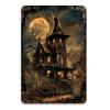 Spooky Halloween Witch Hat & Haunted Castle Vintage Metal Tin Sign - Gothic Wall Decor with Full Moon, Bats, and Eerie Design Fo