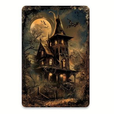 Cappello da Strega di Halloween Spettrale e Castello Infestato Cartello in Latta Metallica Vintage - Decorazione da Parete Gotica con Luna Piena, Pipistrelli e Design Inquietante fo