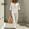 Breathable Summer Pants 2 Piece Sets for Women, Casual Ruffle 3/4 Sleeve Buttons V Stretchy Waist Neck Top And Wide Leg Matching Set, Loose