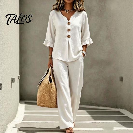 Breathable Summer Pants 2 Piece Sets for Women, Casual Ruffle 3/4 Sleeve Buttons V Stretchy Waist Neck Top And Wide Leg Matching Set, Loose