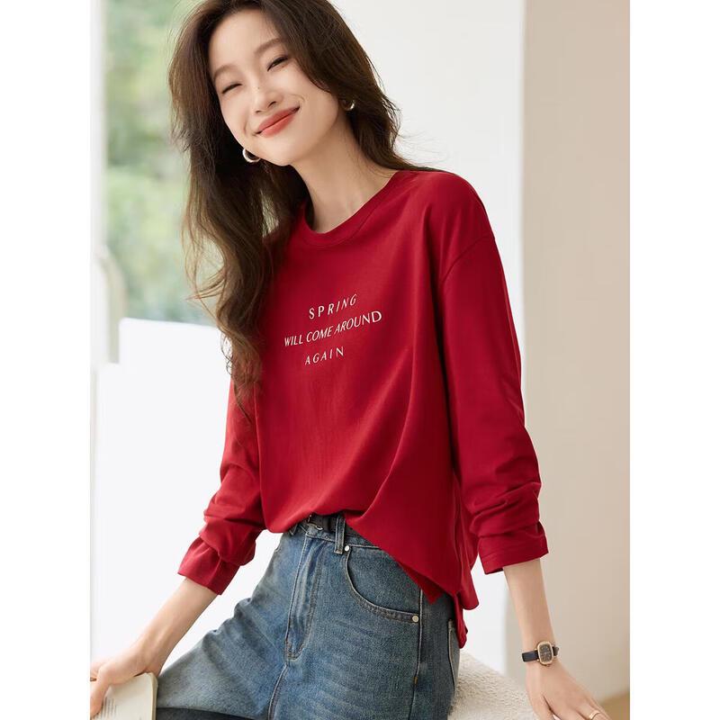 New Year Red Letter Print Long Sleeve T-Shirt M