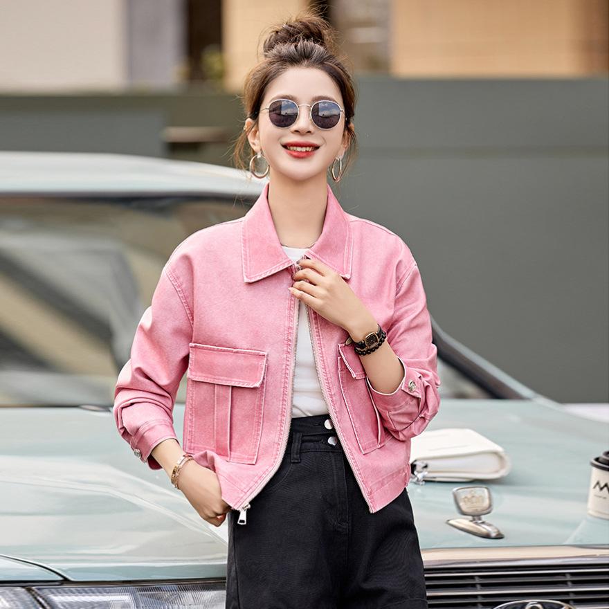 Pink leather jacket women's spring and autumn models new good-looking short loose casual leather jacket