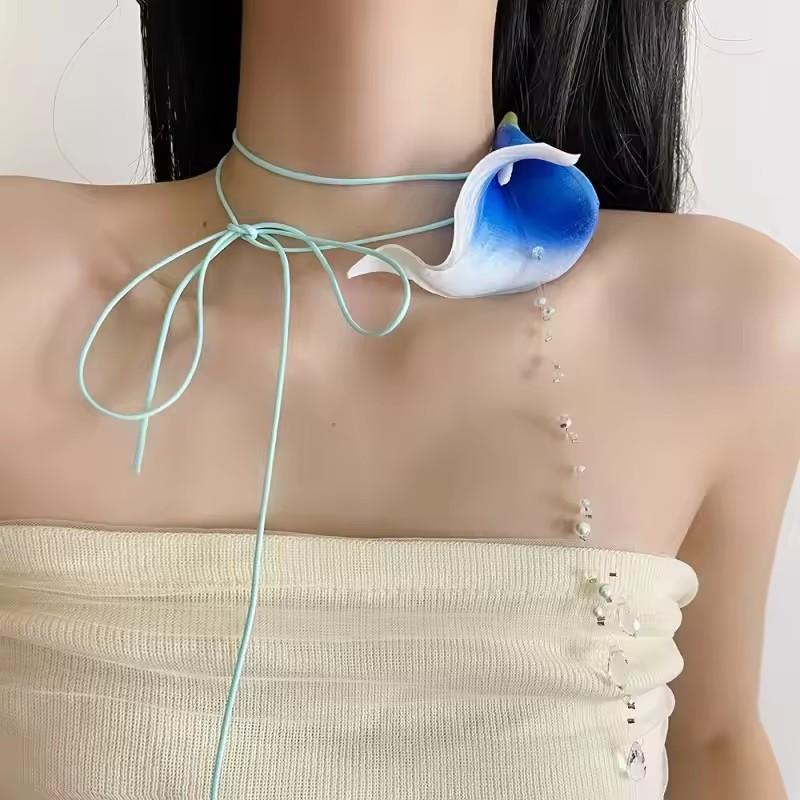 New Colourful Calla Lily Beaded Pendant Tie Necklace INS French Vintage Elegant Flower Jewellery for Women Birthday Gift
