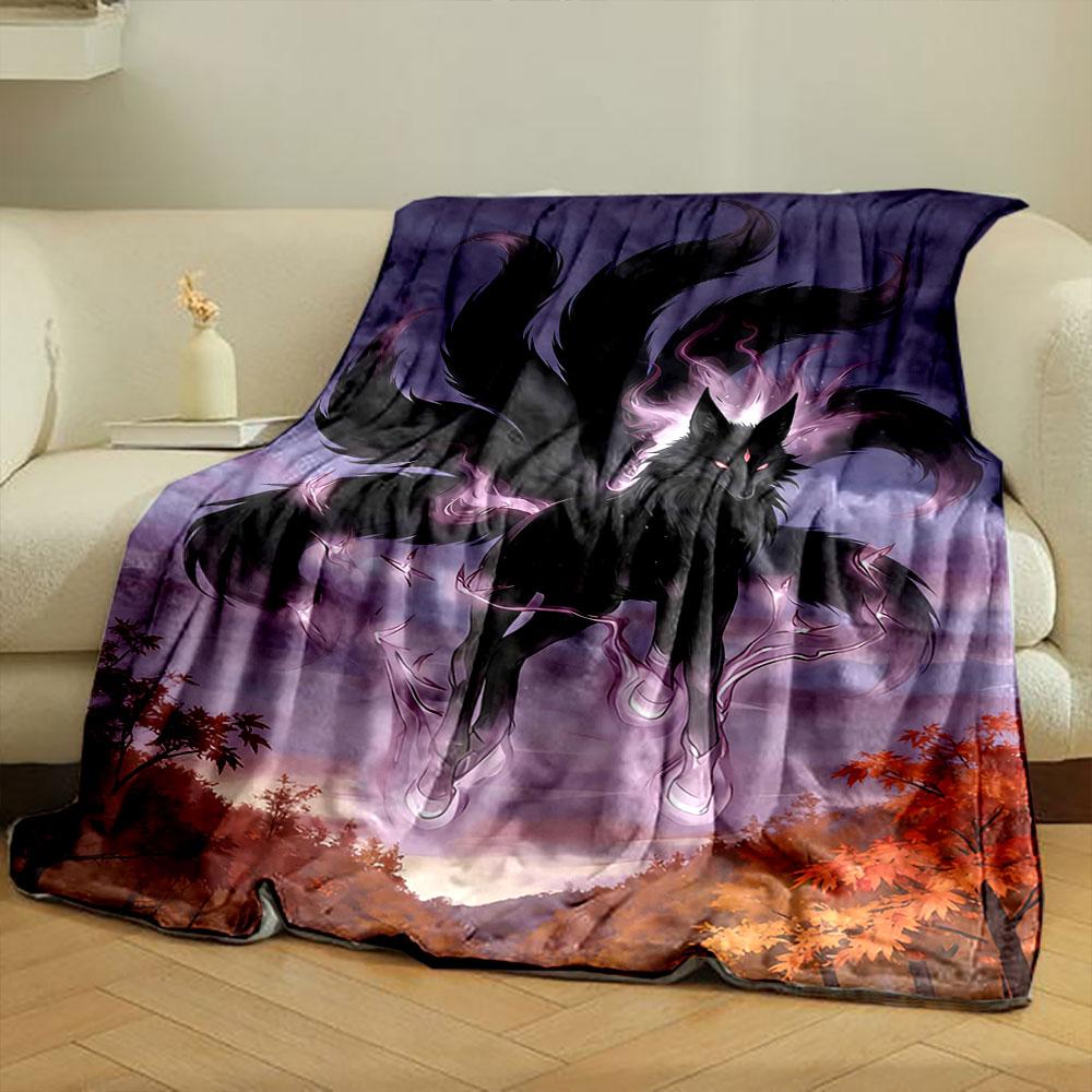 A mystical black nine-tailed fox with glowing purple energy patterns. for all seasons blanket lunch break throw gift