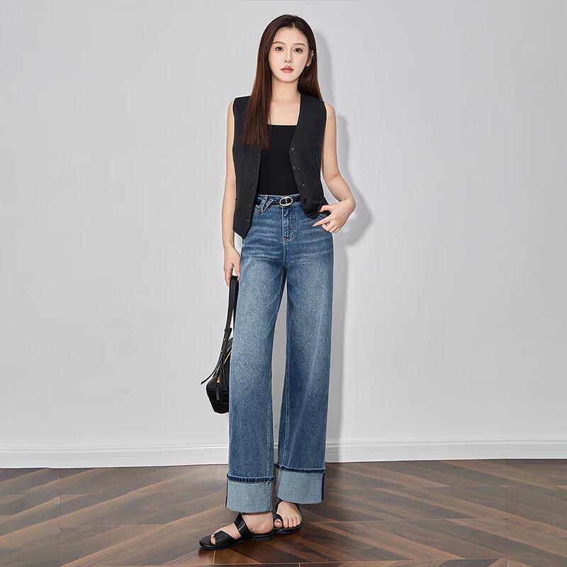 Chuyu Women's Retro Wide-Leg Cuffed Jeans