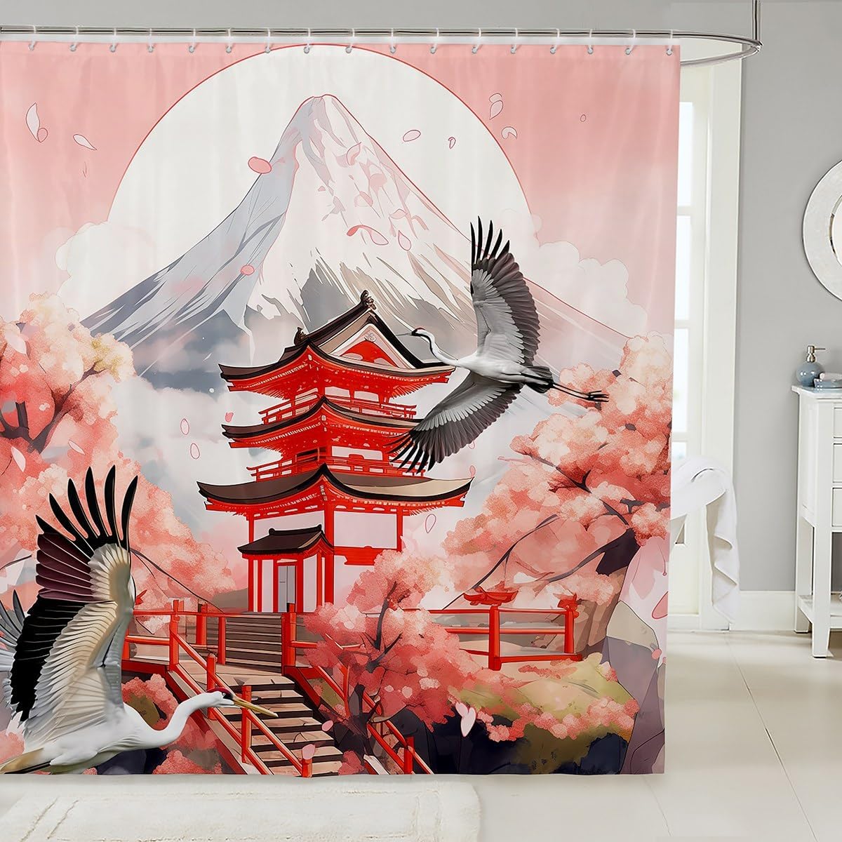 

Erosebridal Red-Crowned Crane Fabric Shower Curtain, Japanese Ukiyo-E Bathroom Shower Curtain Sets Vintage Floral With Moon W60H190(CM)-1 Pcs