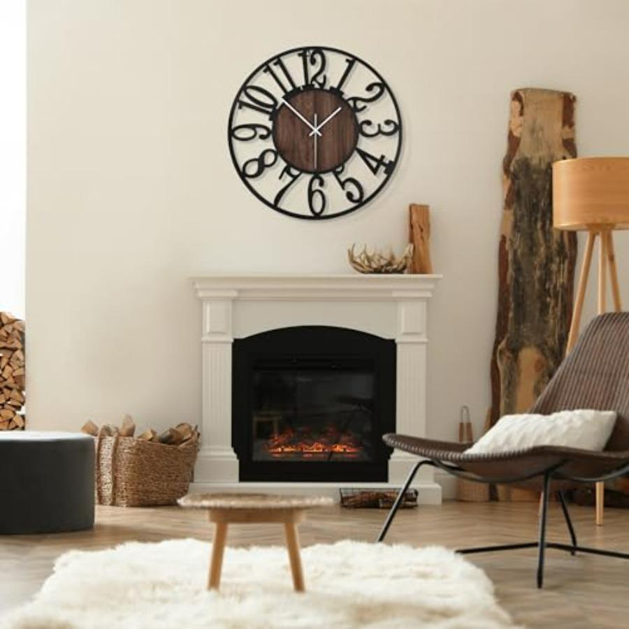 Large Wall Clock for Living Room Decor- 32 Decorative Antique Silent Little Ticking Battery Operated Black Metal Wood Clocks fo